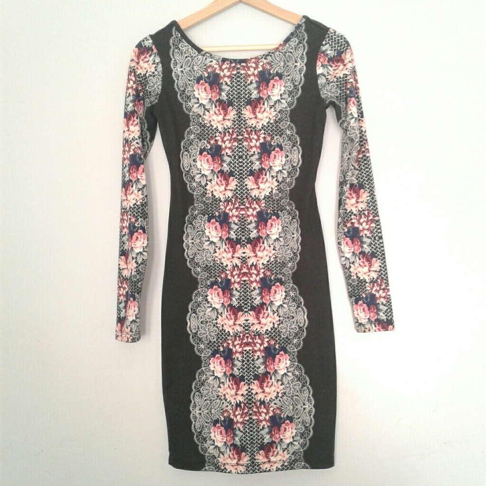 Xhilaration black and pink floral knee length dres